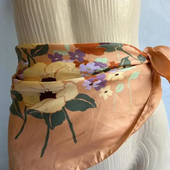 Vintage Silk? Floral Handmade Printed Scarf Orange White Yellow Square 24x24 - Picture 3 of 15